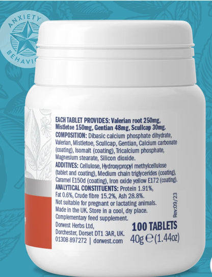 Anxiety Relief - Scullcap & Valerian Tablets For Dogs And Cats